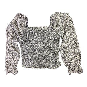 Joppa Blouse Women L Black Beige Floral Square Neck Boho Hip Smocked Crop Top